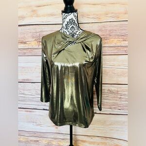 Nine West Gold Metallic 3/4 Sleeve Pleated Twist Front Keyhole Back Top M NWT